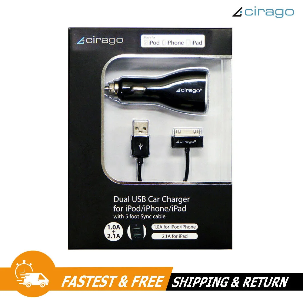 Cirago Dual USB Car Charger Plug Kit with 30-Pin to USB 5ft Cable MFi Certified