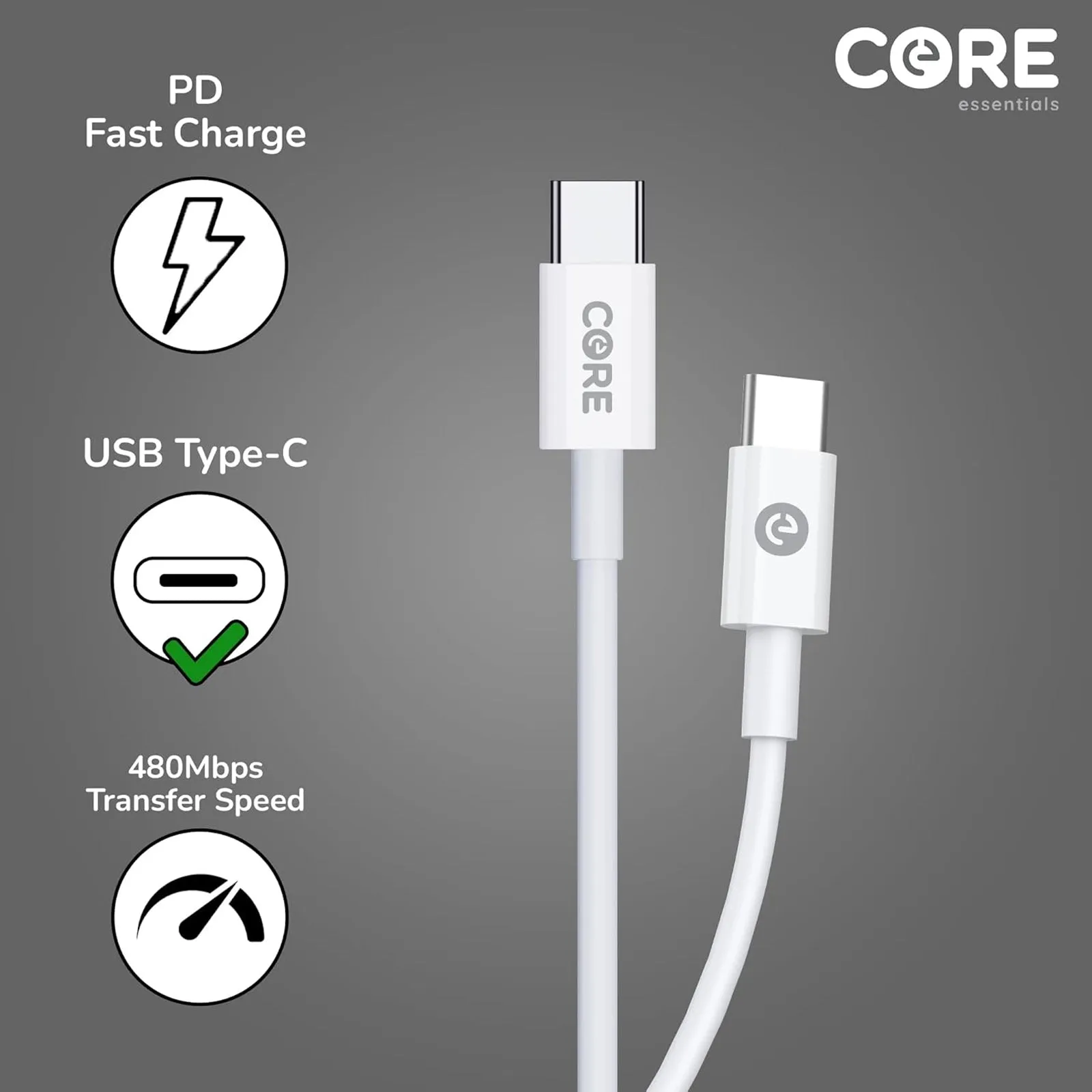 Core Essentials 2m USB C To USB C Charger Cable 3A/60W