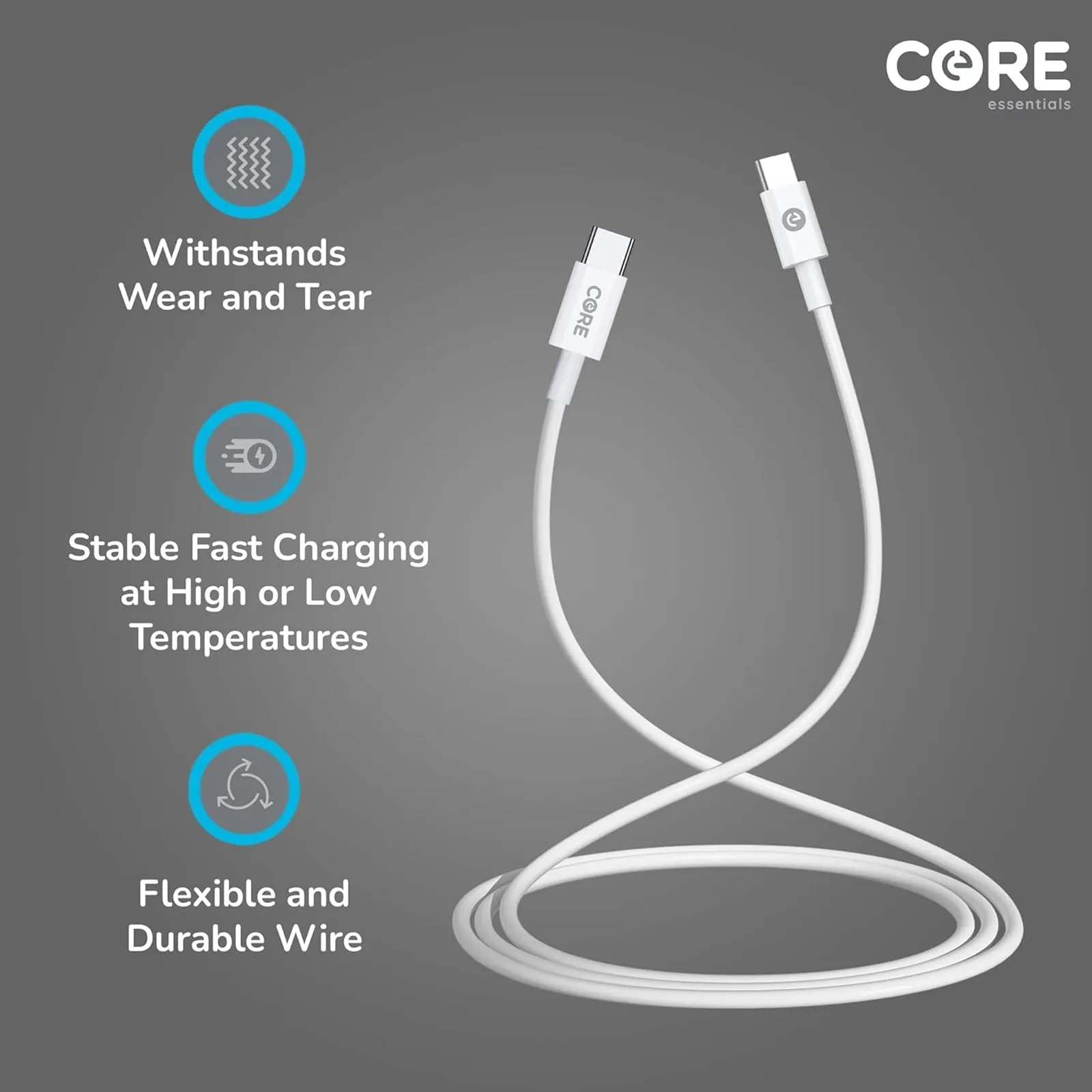 Core Essentials 2m USB C To USB C Charger Cable 3A/60W