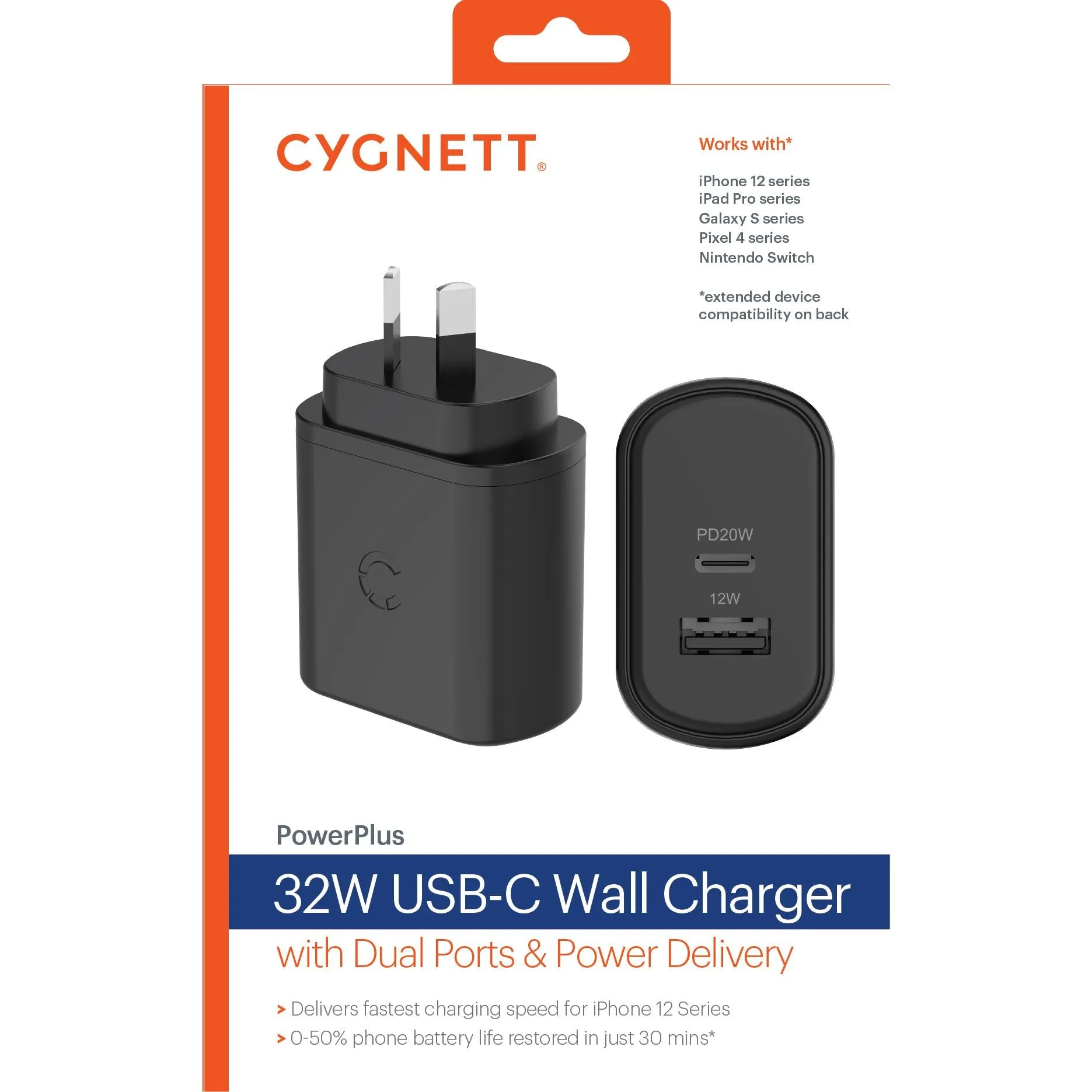 Cygnett PowerPlus 32W USB-C PD Dual Port Wall Charger (Black)