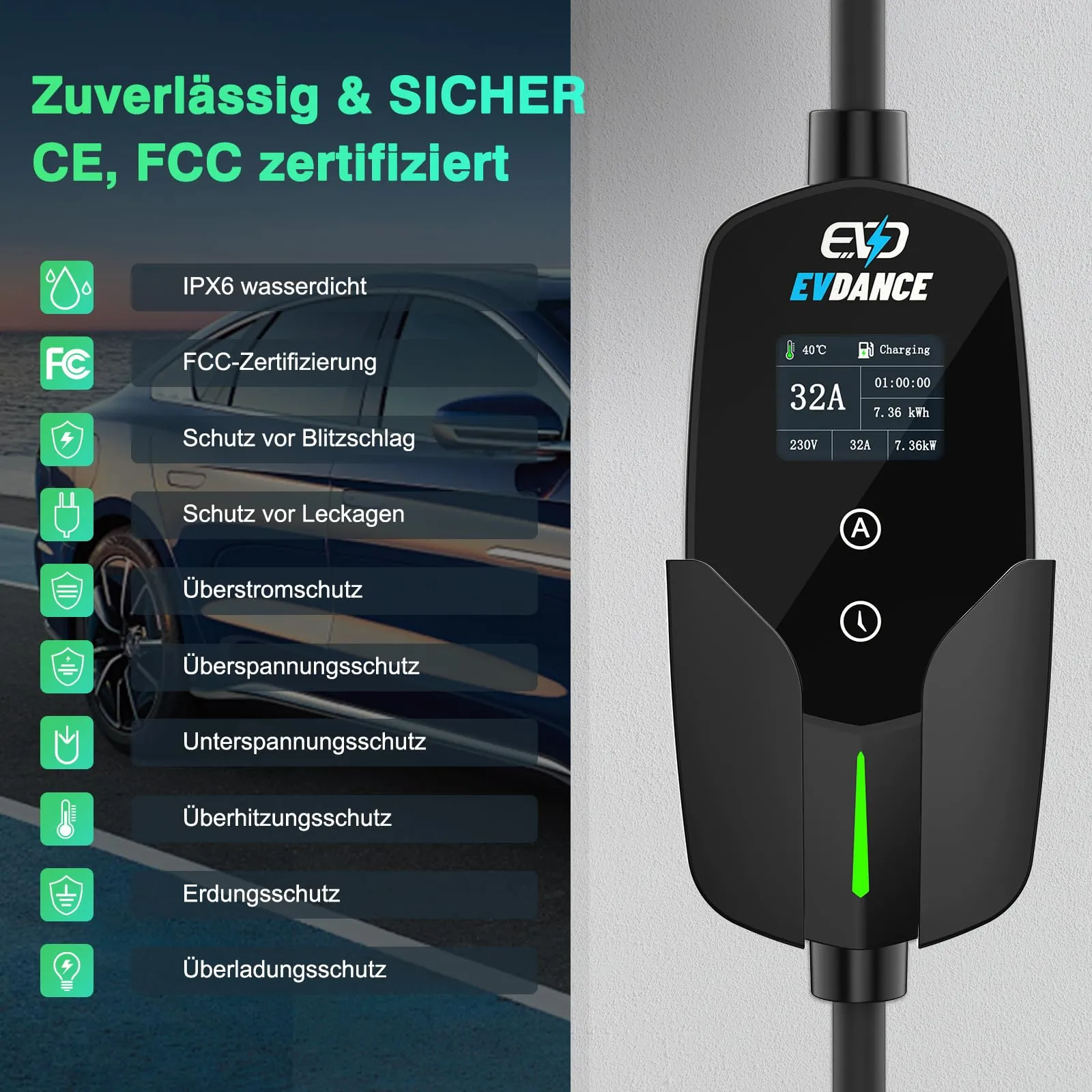 EVDANCE Tragbares/Wallbox Type 2 Ladekabel Mit CEE Stecker 7.36kW, 1 Phase, 6.1m, 32A