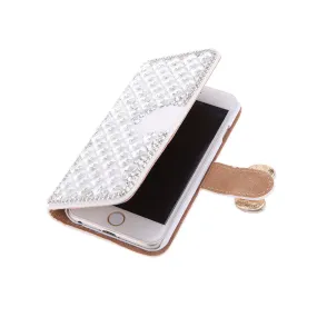 Fashion Flip PU Leather Bling Wallet Bowknot Rhinestone Diamond Protective Case Cover with Card Holder String for iPhone 6 4.7"