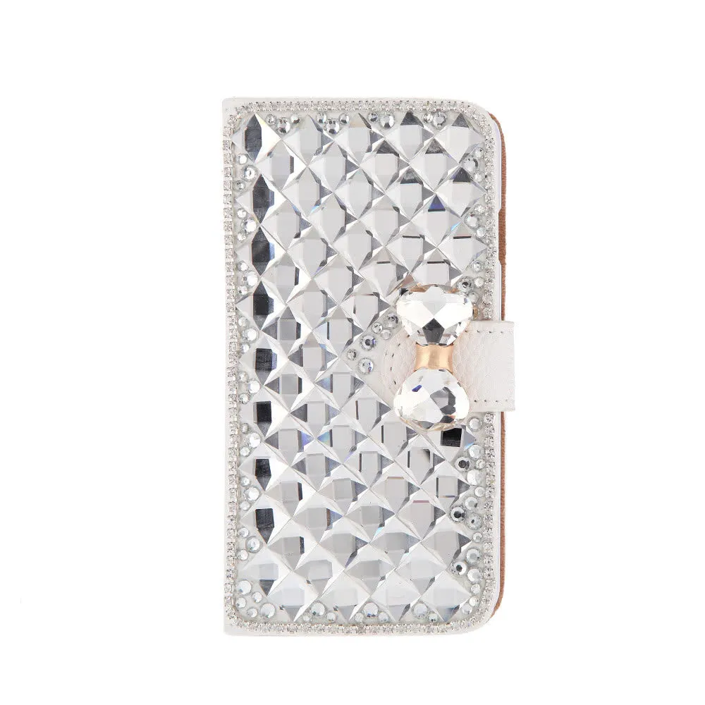 Fashion Flip PU Leather Bling Wallet Bowknot Rhinestone Diamond Protective Case Cover with Card Holder String for iPhone 6 4.7"