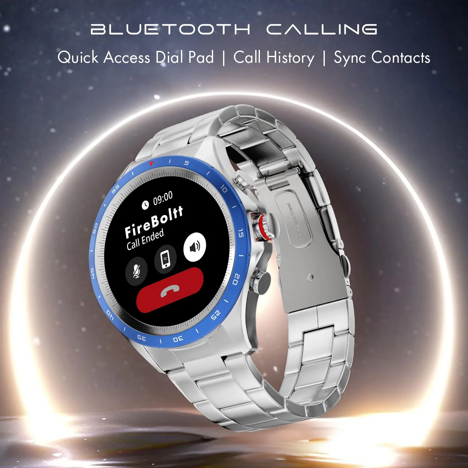 Fire-Boltt Solace Luxury Stainless Steel Smart Watch, 1.32" (33.5mm) Display 360 * 360 px high Resolution with 60Hz Refresh Rate, Bluetooth Calling & 360 Health Monitoring (Blue)