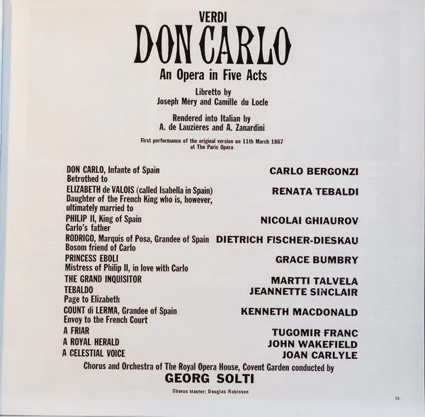 Giuseppe Verdi, Nicolai Ghiaurov · Carlo Bergonzi · Grace Bumbry · Renata Tebaldi · Dietrich Fischer-Dieskau, Chorus Of The Royal Opera House, Covent Garden & Orchestra Of The Royal Opera House, Covent Garden, Georg Solti - Don Carlo - Near Mint (NM o