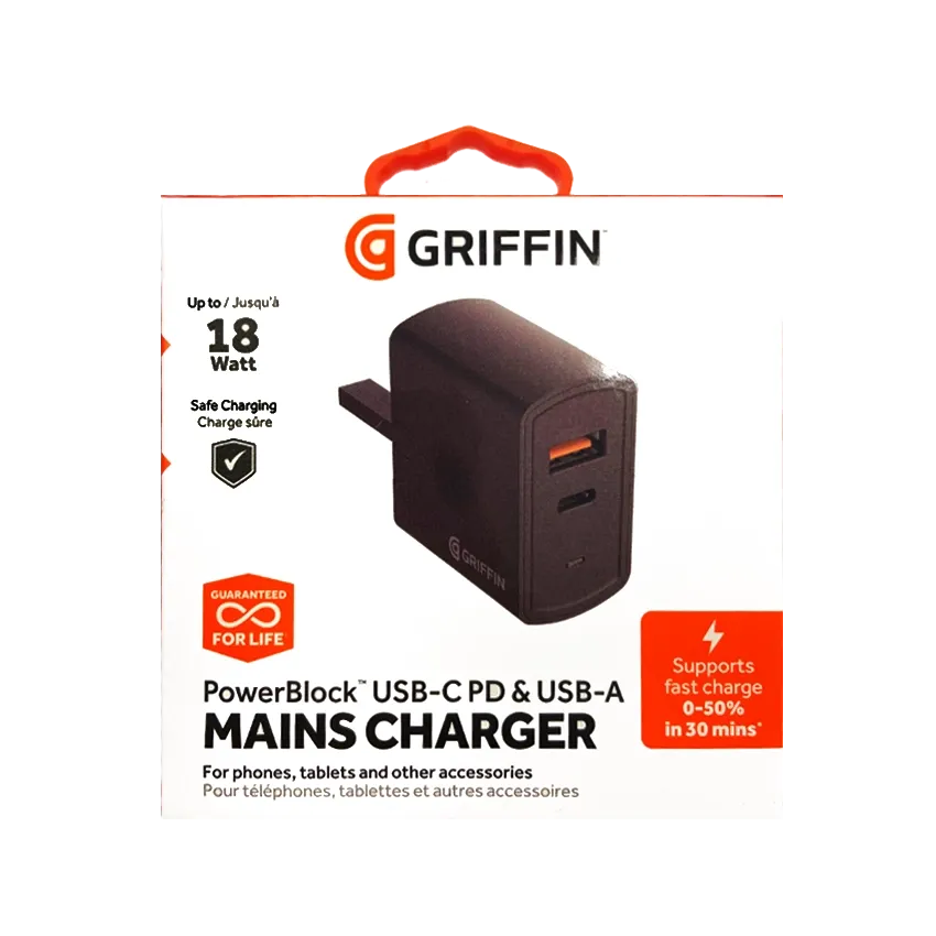 GRIFFIN Powerblock Dual USB-C 15W & USB-A 12W Charger UK Black