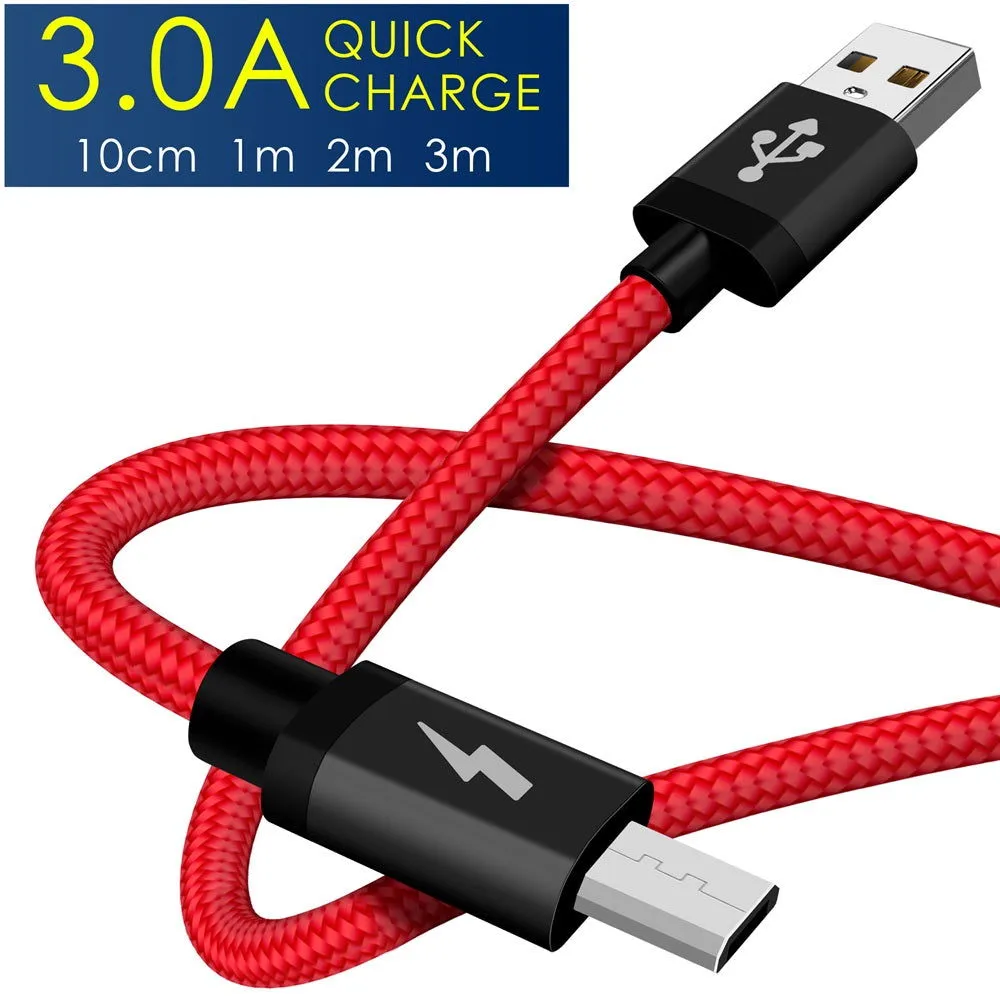 Heavy Duty Braided Micro USB Charger Charging Lead Data Sync Phone Cable 10CM 1M 2M 3M