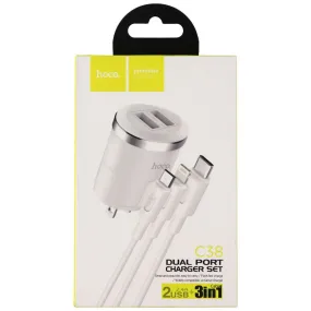 Hoco. C38 Dual USB Port Wall Charger Set with 3-in-1 USB Cable - White