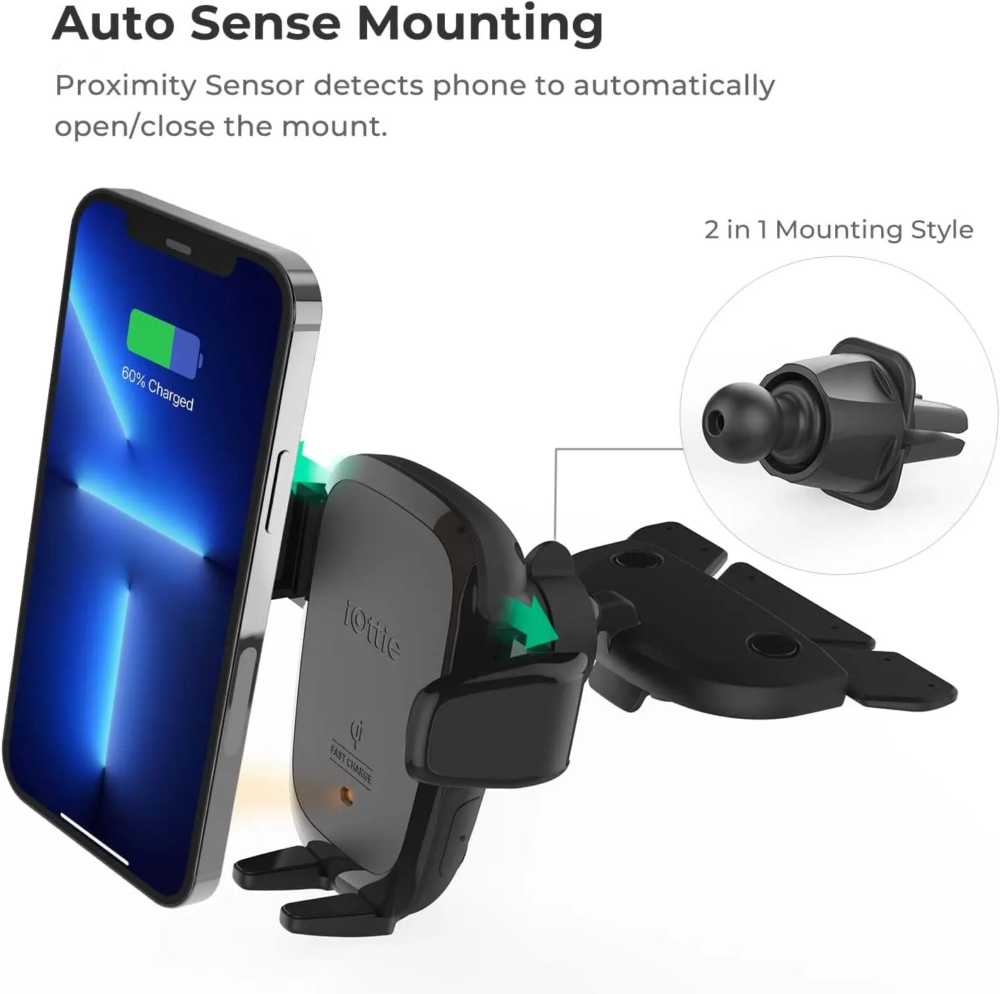 Iottie Auto Sense Qi Wireless Car Charger - Automatic Clamping Wireless Charging CD Slot & Air Vent Phone Mount Combo for Google Pixel, Iphone, Samsung Galaxy, Huawei, LG, and Other Smartphones