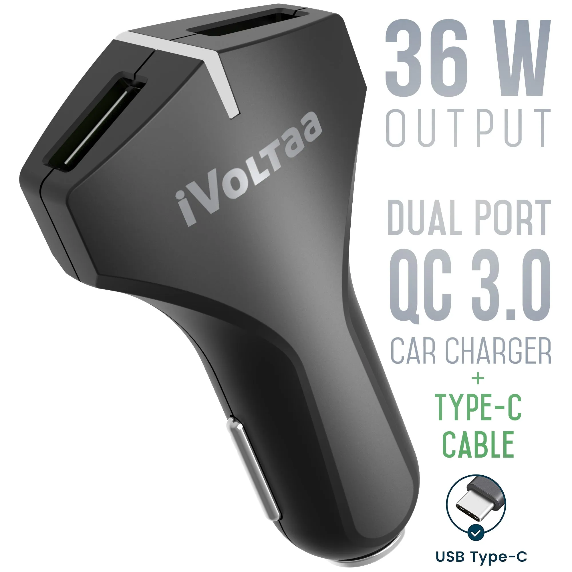 iVoltaa QC 3.0 Dual Port 36 W Turbo Car Charger with Type C Cable (Black)