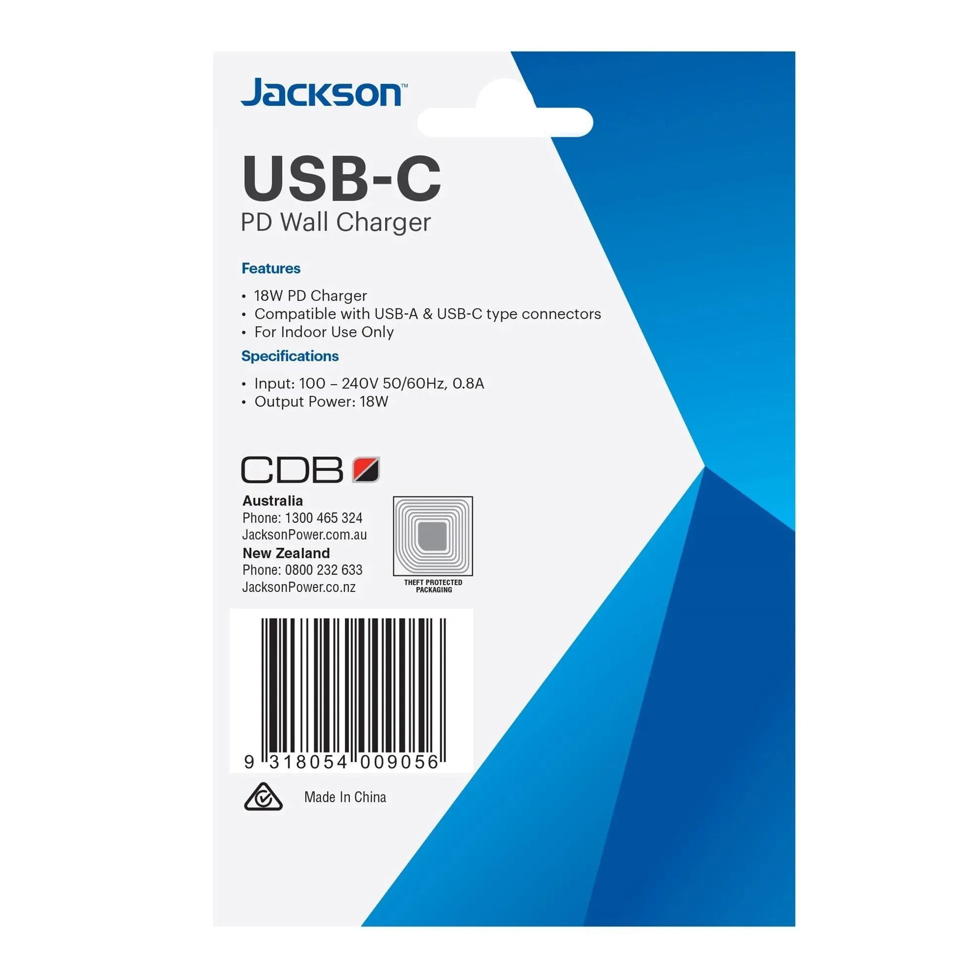 JACKSON 18W Dual Port USB Wall Charger With 1x USB-A & 1x USB-C