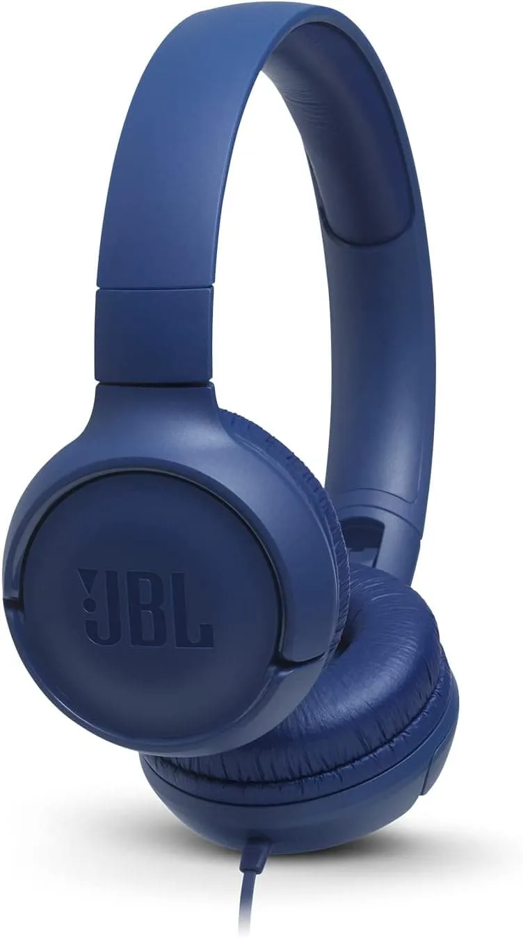 JBL T500 Over-Ear Headphones, Lightweight & Foldable, Pure Bass Sound, 1-Button Remote & Microphone - Blue