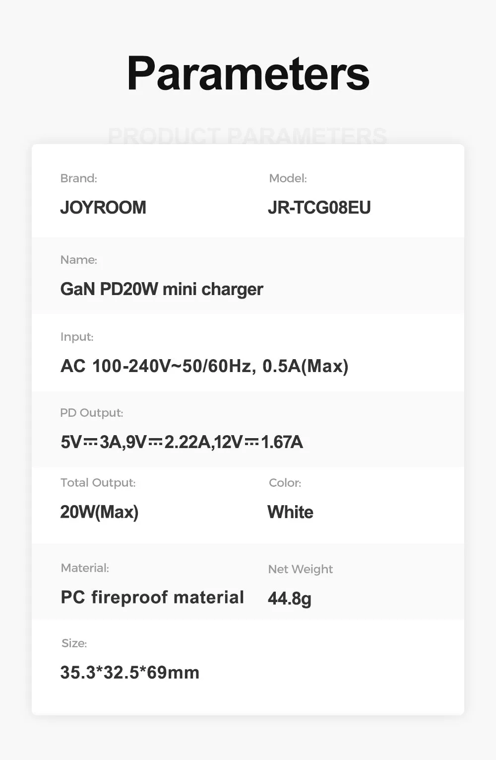 JOYROOM JR-TCG08 GaN PD20W mini Charger (EU)