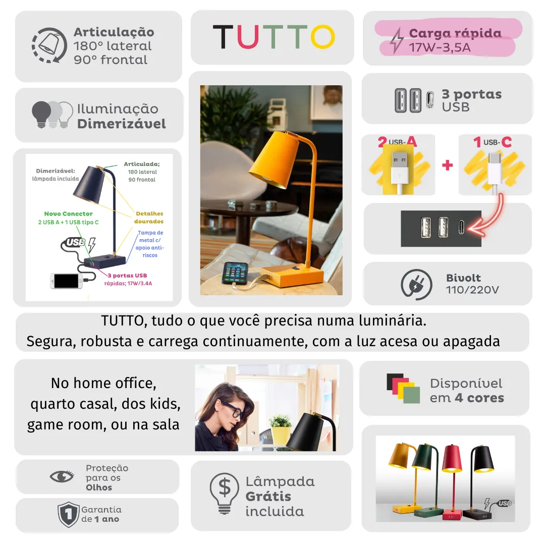 Kit Black Bambu | Luminária TUTTO USB A   Apoio Celular