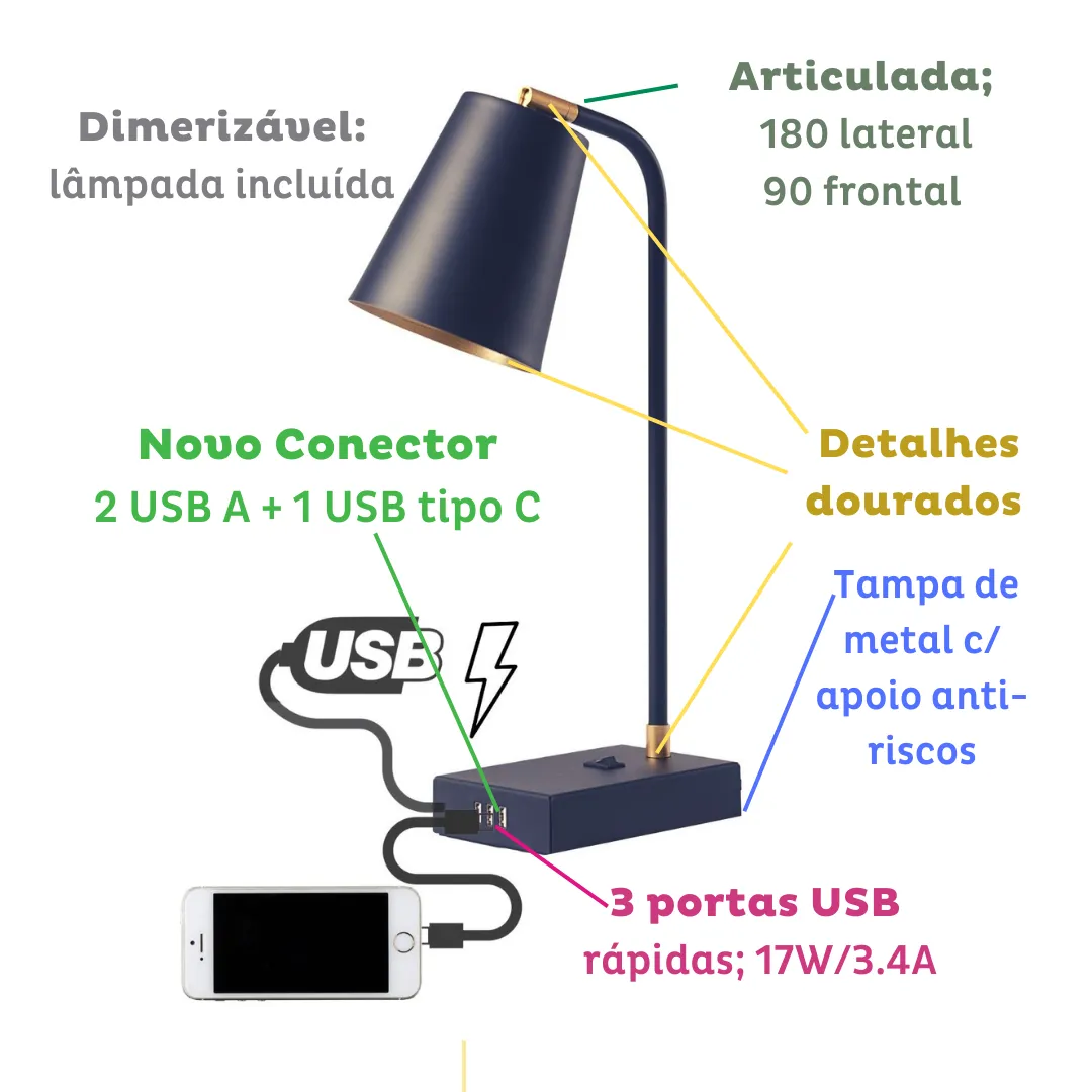 Kit Black Bambu | Luminária TUTTO USB A   Apoio Celular