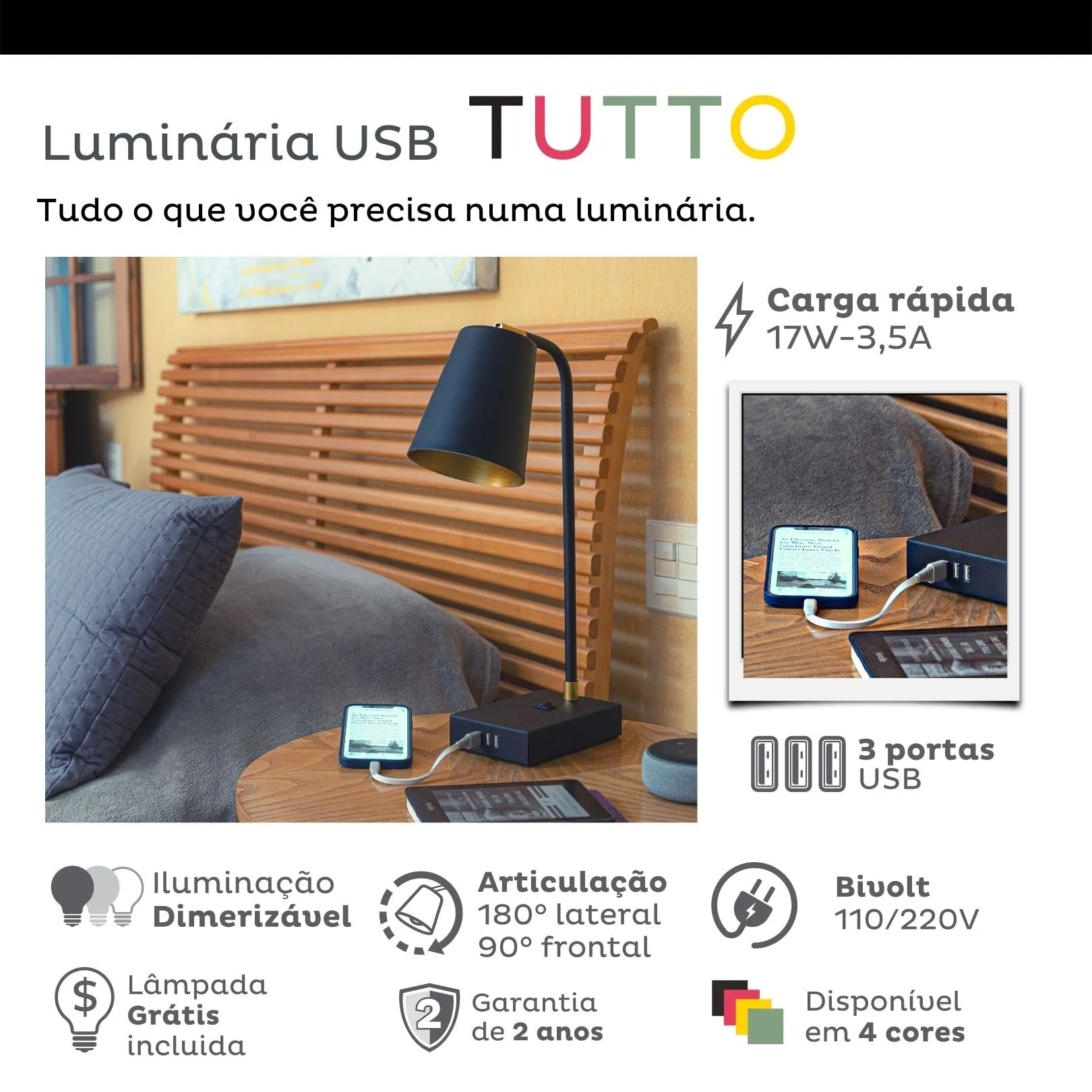 Kit Black Bambu | Luminária TUTTO USB A   Apoio Celular