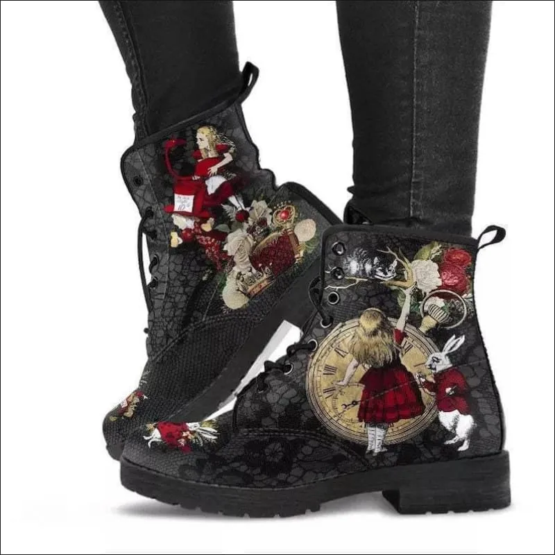 Ladies Gothic Alice in Wonderland Printed Ankle Boots for Unique Style