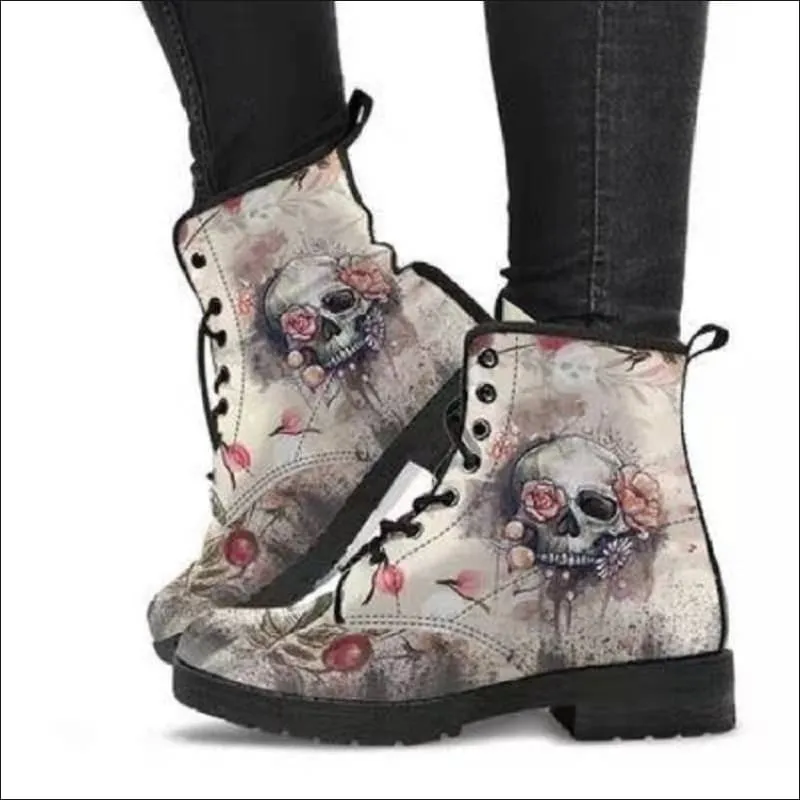 Ladies Gothic Alice in Wonderland Printed Ankle Boots for Unique Style