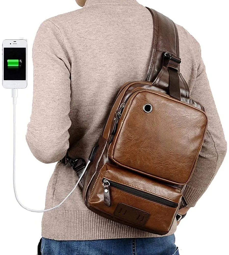 Large Brown Vintage PU Leather USB Charger Crossbody Bag