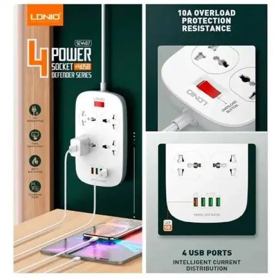 Ldnio Heavy-Duty Power Extension – 4 USB Fast Charger And 4 Power Socket Original - SC4407