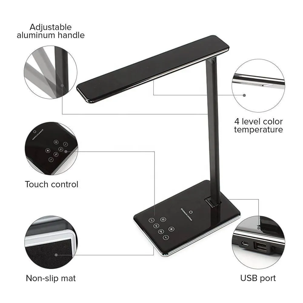 LED Desk Lamp with Qi-Enabled Wireless Charger, USB Charging Port, 2 Color Temperatures & 8 Brightness Levels, 1 Hour Timer