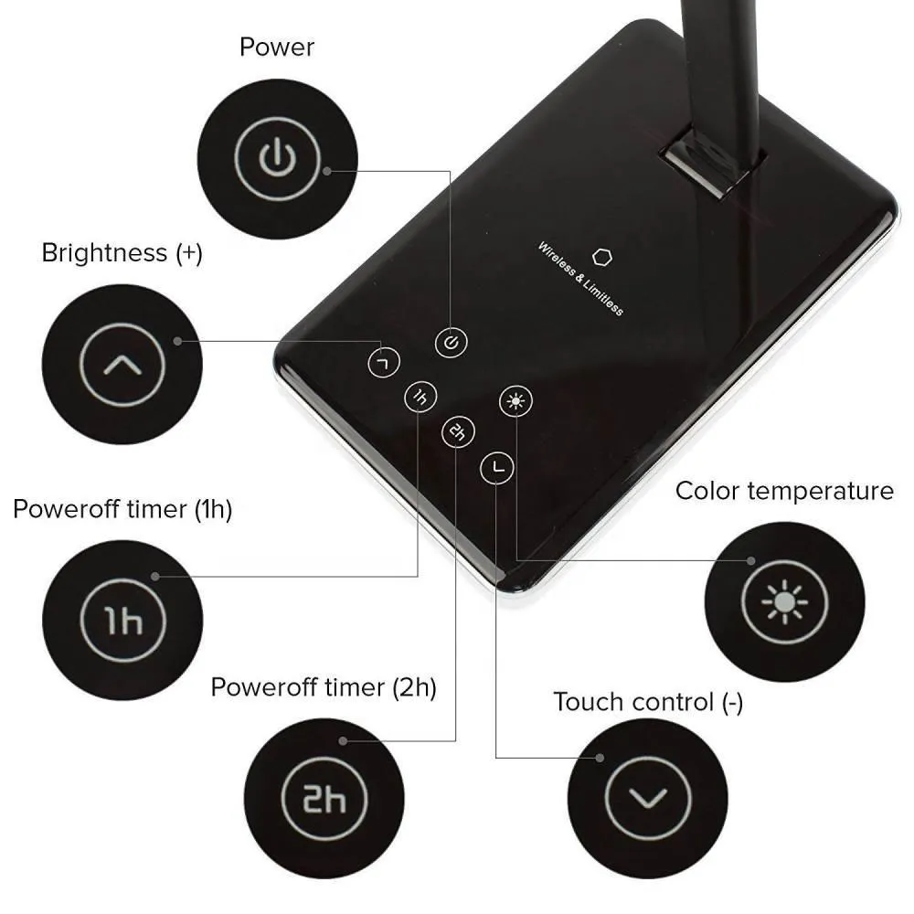 LED Desk Lamp with Qi-Enabled Wireless Charger, USB Charging Port, 2 Color Temperatures & 8 Brightness Levels, 1 Hour Timer