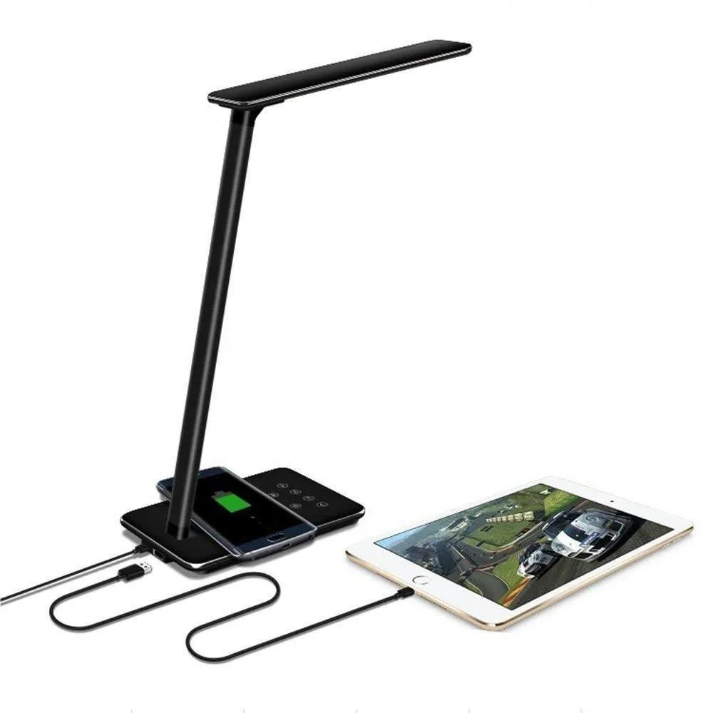 LED Desk Lamp with Qi-Enabled Wireless Charger, USB Charging Port, 2 Color Temperatures & 8 Brightness Levels, 1 Hour Timer