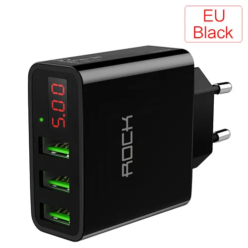 LED Display 3 USB Charger, ROCK Universal Mobile Phone USB Charger Fast Charging Wall Charger For iPhone Samsung Xiaomi Max 2.4A