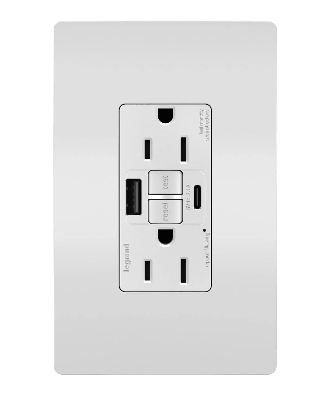 Legrand 1597TRUSBAC radiant® 15A Tamper-Resistant Self Test GFCI USB Type A/C Outlet White