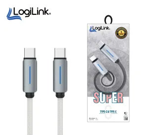 LOGILINK TYPE C TO TYPE C NYLON FAST CHARGING DATA CABLE WITH LIGHT 1M white