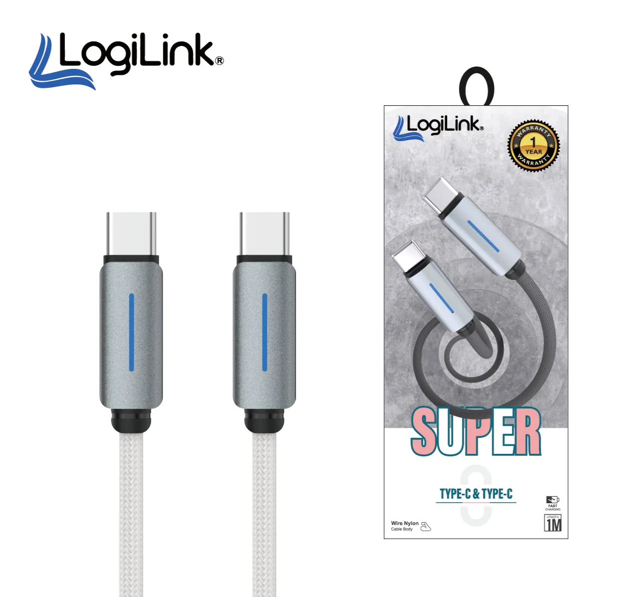 LOGILINK TYPE C TO TYPE C NYLON FAST CHARGING DATA CABLE WITH LIGHT 1M white