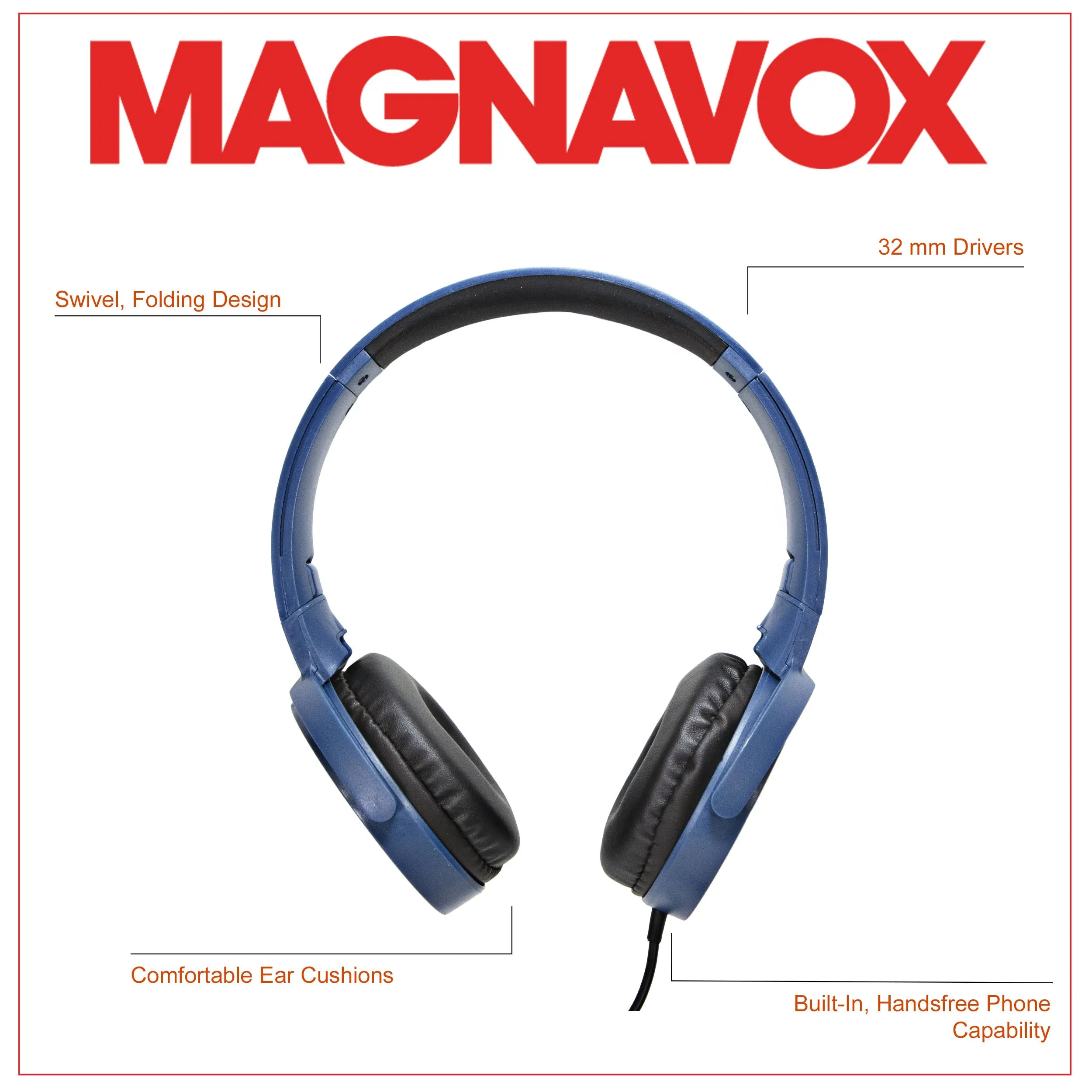 Magnavox MHP5026M-BL Stereo Headphones with Microphone in Blue