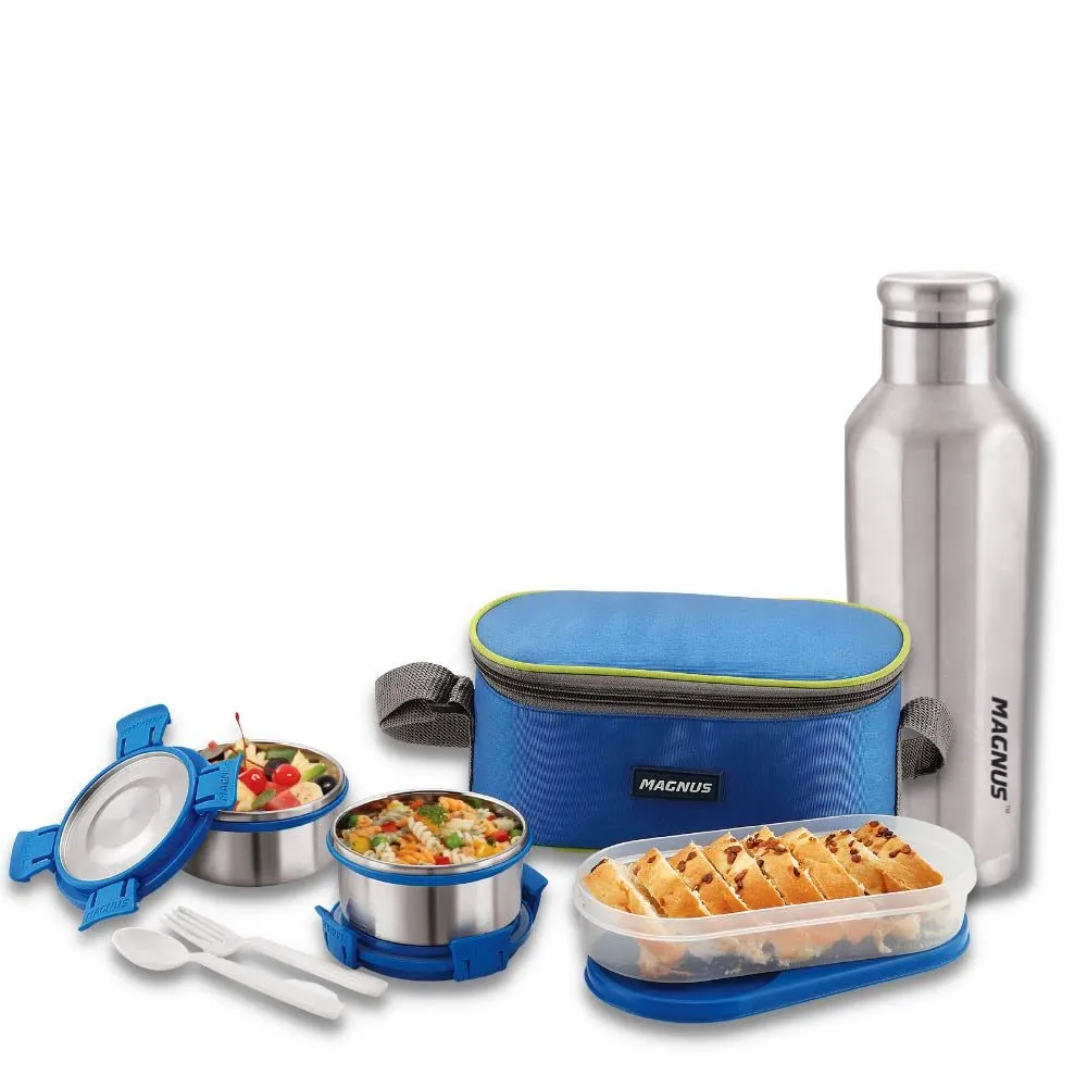 Magnus Avanza 3 Deluxe Stainless Steel Lunch Box with 2 Containers (600ml) & 1 Oval Container, Includes Stainless Steel Bottle (550ml), Airtight & Leakproof, Ideal Lunch Box for Kids & Office Men