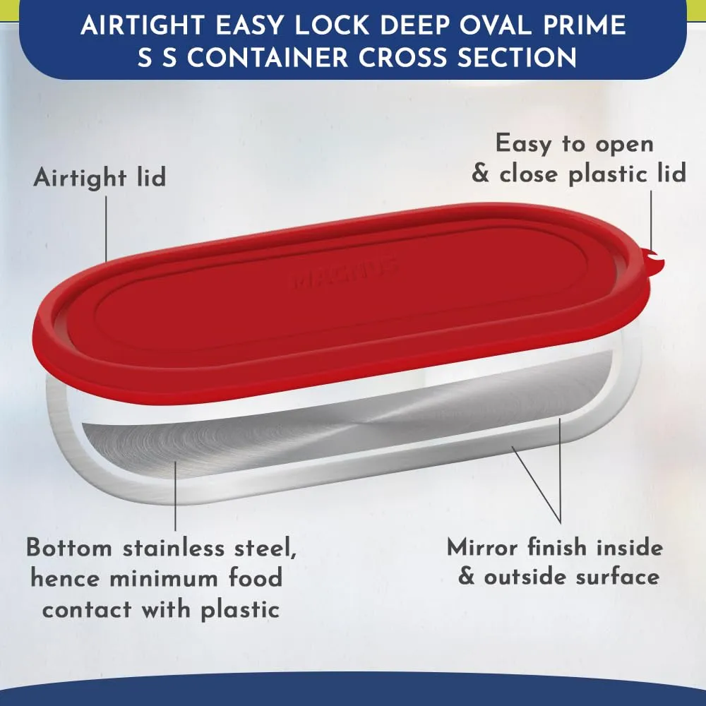 Magnus Easy Lock Deep Oval Prime Deep Container, Stainless Steel, Airtight & Leakproof Lid & Container, For School, Office Picnic, Ideal for Men,Women and Kids (Red,780ml)