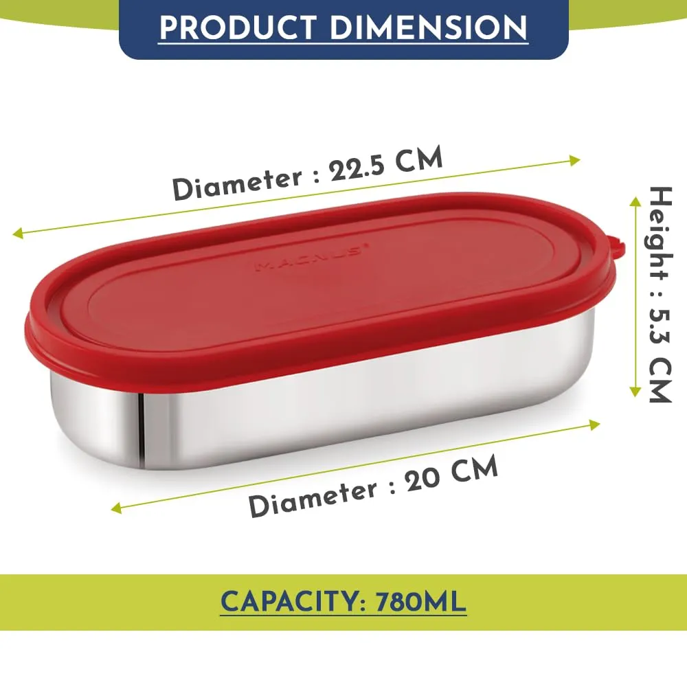 Magnus Easy Lock Deep Oval Prime Deep Container, Stainless Steel, Airtight & Leakproof Lid & Container, For School, Office Picnic, Ideal for Men,Women and Kids (Red,780ml)