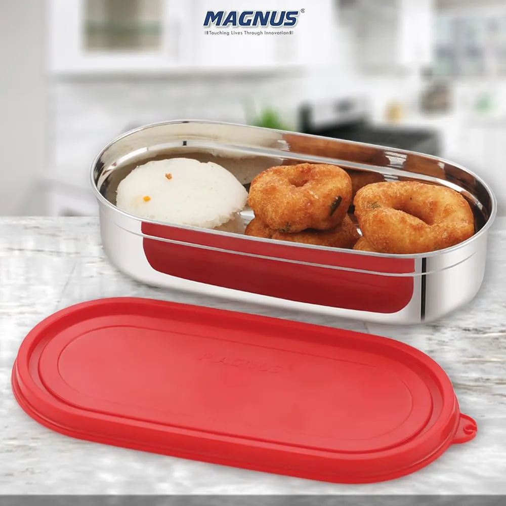 Magnus Easy Lock Deep Oval Prime Deep Container, Stainless Steel, Airtight & Leakproof Lid & Container, For School, Office Picnic, Ideal for Men,Women and Kids (Red,780ml)