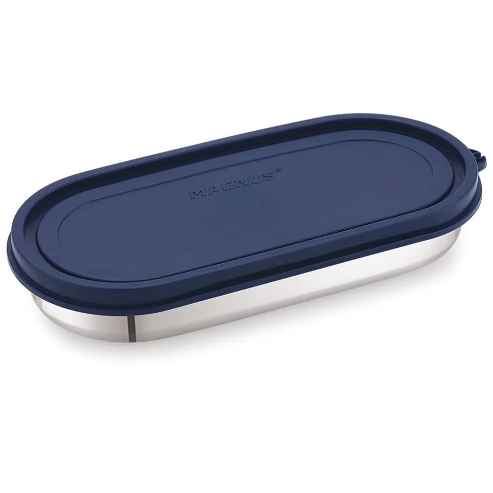 Magnus Easy Lock Oval Prime Container, Stainless Steel, Airtight & Leakproof Lid & Container, For School, Office Picnic, Ideal for Men,Women and Kids (Dark Blue,450ml)