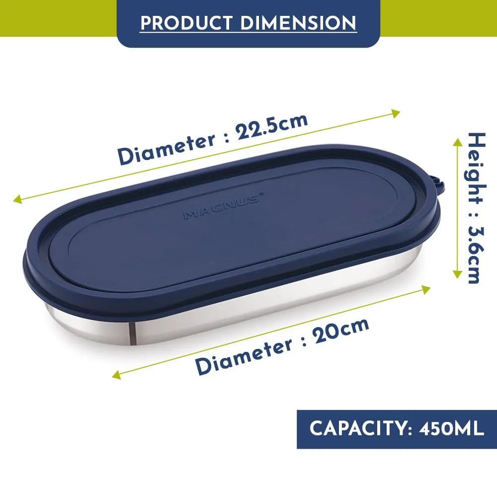 Magnus Easy Lock Oval Prime Container, Stainless Steel, Airtight & Leakproof Lid & Container, For School, Office Picnic, Ideal for Men,Women and Kids (Dark Blue,450ml)