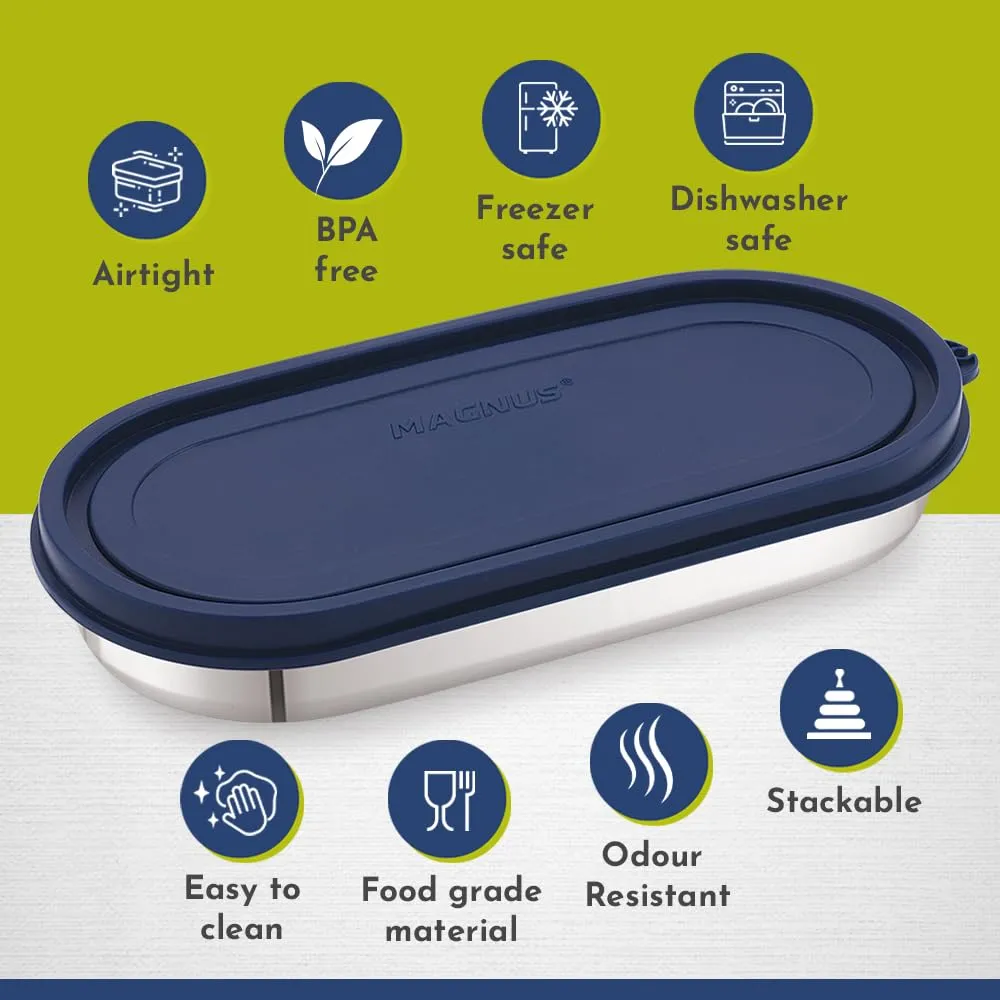 Magnus Easy Lock Oval Prime Container, Stainless Steel, Airtight & Leakproof Lid & Container, For School, Office Picnic, Ideal for Men,Women and Kids (Dark Blue,450ml)