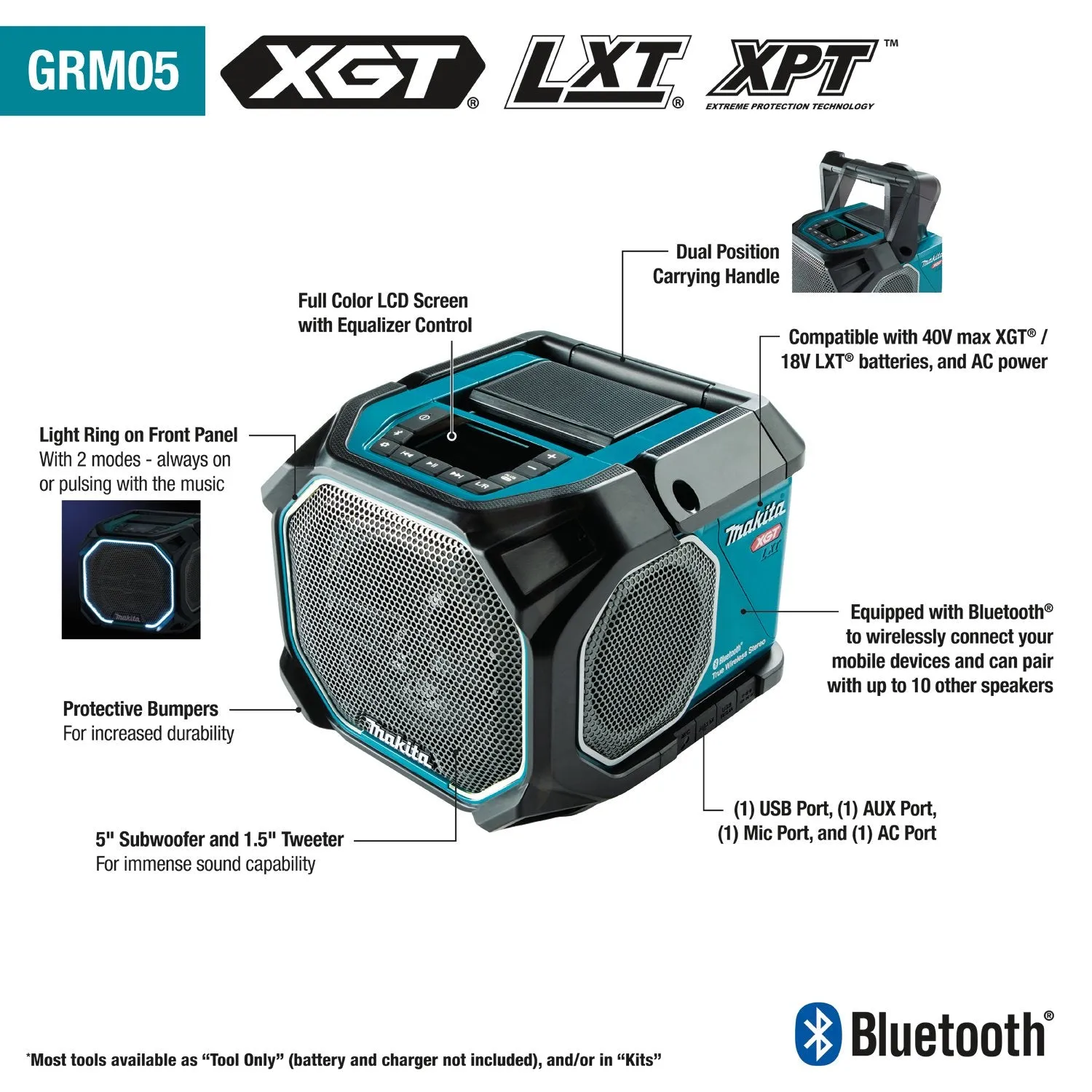 Makita (GRM05) 40V max XGT® Cordless/Corded Bluetooth® Job Site Speaker (Tool Only)