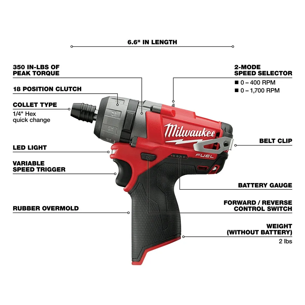 Milwaukee 2402-20 M12 FUEL 12V 1/4" Hex 2-Speed Screwdriver w/Clip - Bare Tool