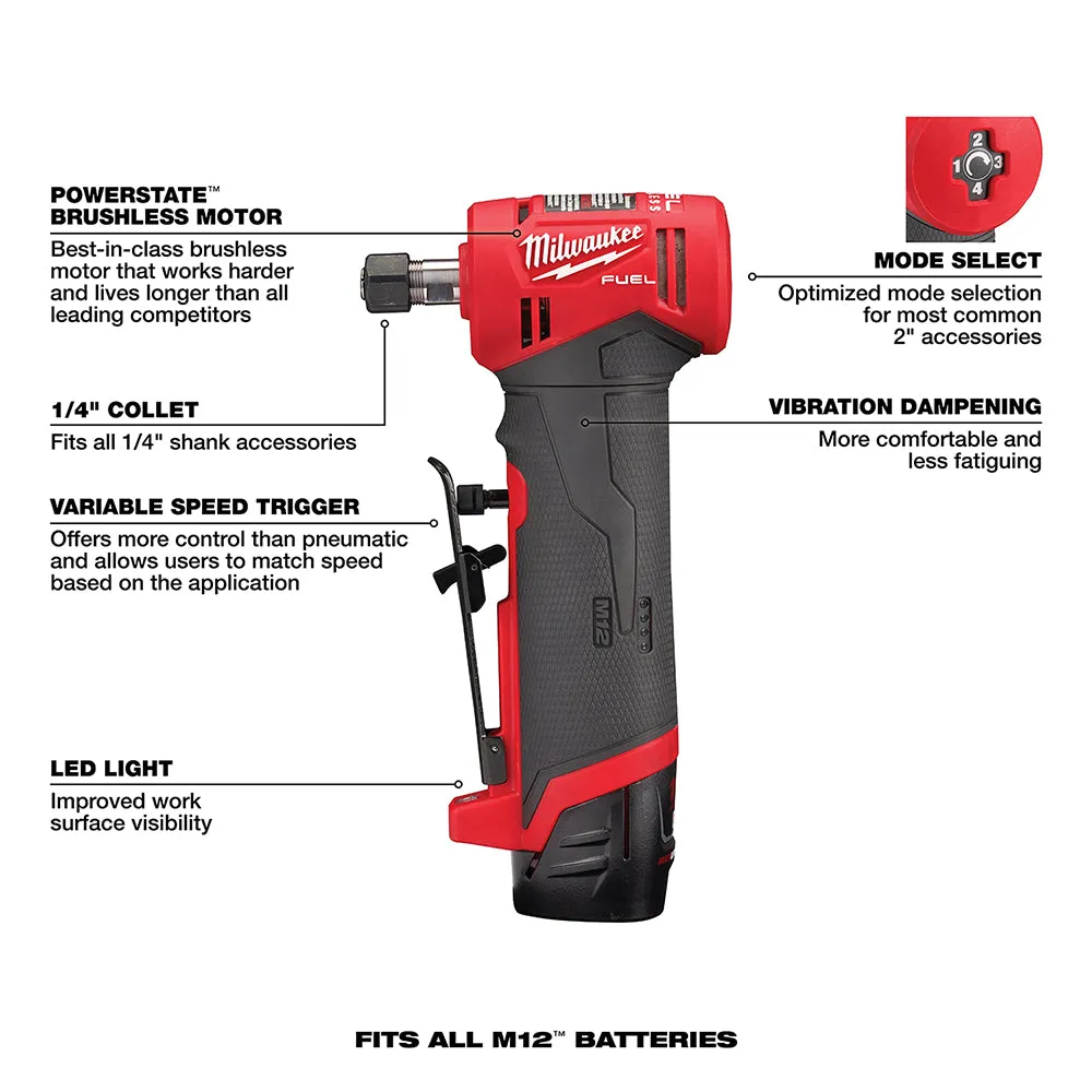 Milwaukee 2485-22B M12 FUEL 12V 1/4" Right Angle Die Grinder Kit w/ Blades