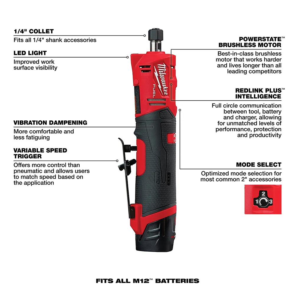 Milwaukee 2486-22 M12 FUEL 12V 1/4" Cordless Brushless Straight Die Grinder Kit