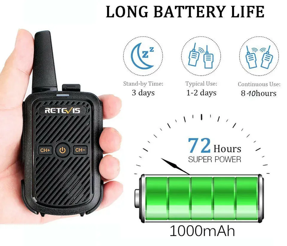 Mini Walkie Talkie Retevis RT15 Portable Two Way Radio Portable Radio Communicator Walkie-Talkies 2 PCS for Hotel Hunting