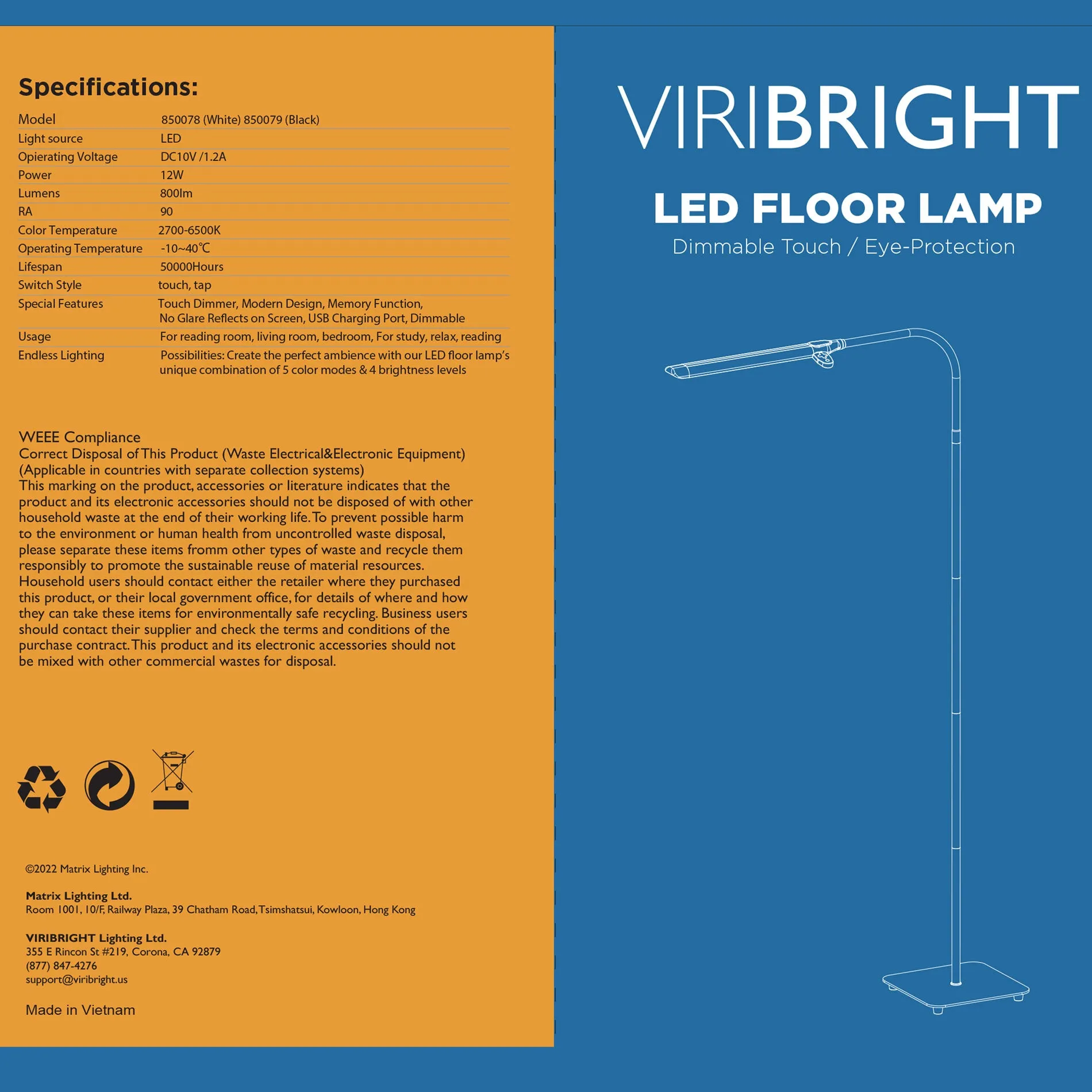 Modern LED Floor Lamp with USB Charger Socket & Wireless Remote