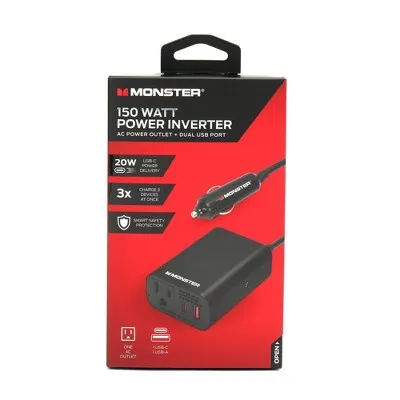 Monster 150Watt Power Inverter with Dual Port USB 20W USB-C, QC 3.0 USB-A