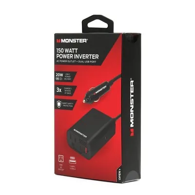 Monster 150Watt Power Inverter with Dual Port USB 20W USB-C, QC 3.0 USB-A