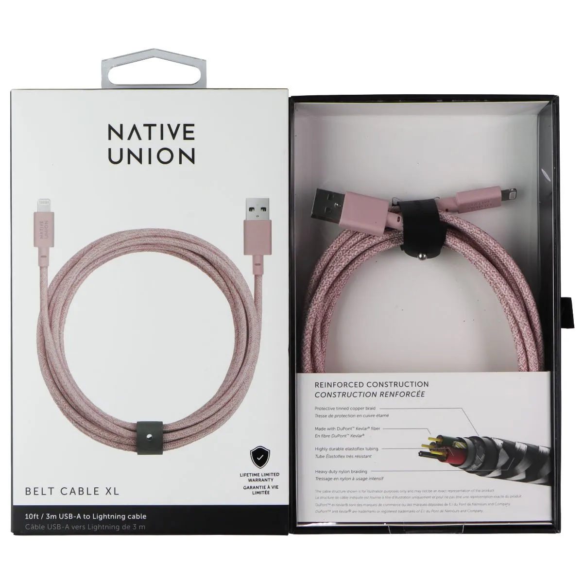 Native Union Belt Cable XL 10FT USB-A to Lightning 8-Pin - Rose