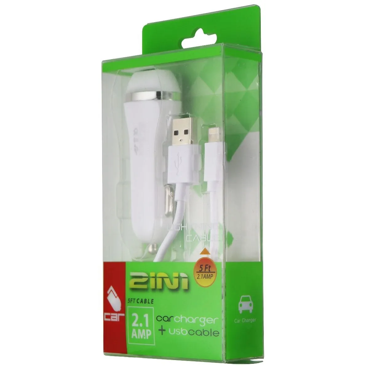 NEM (2.1A) Single USB Car Charging Adapter with 5-Ft Cable for iPhones - White