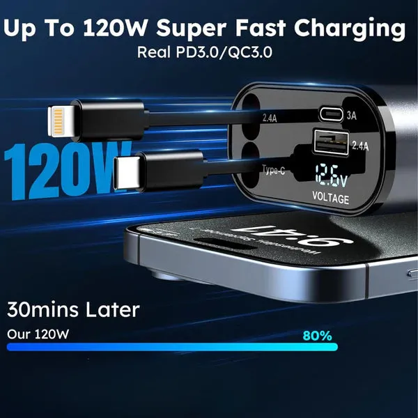 New 2025 Stock, 4 in 1 Retractable Car Fast Mobile Charger Type C Fast samsung charger iphone charger